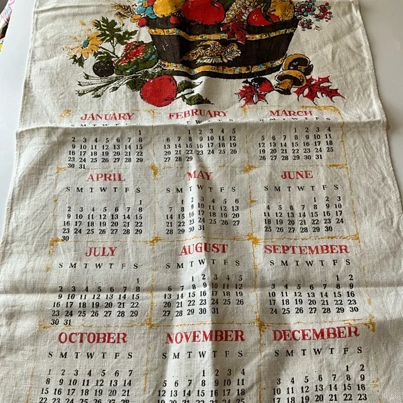 Vtg Tea Towel Calendar Owls In Tree Give Thanks Fruits Flowers Mushrooms - Picture 2 of 9